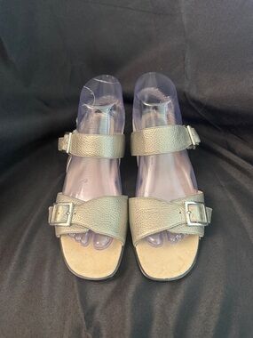 Ros Hammerson Metallic Gold Women’s Buckle Slide Sandals